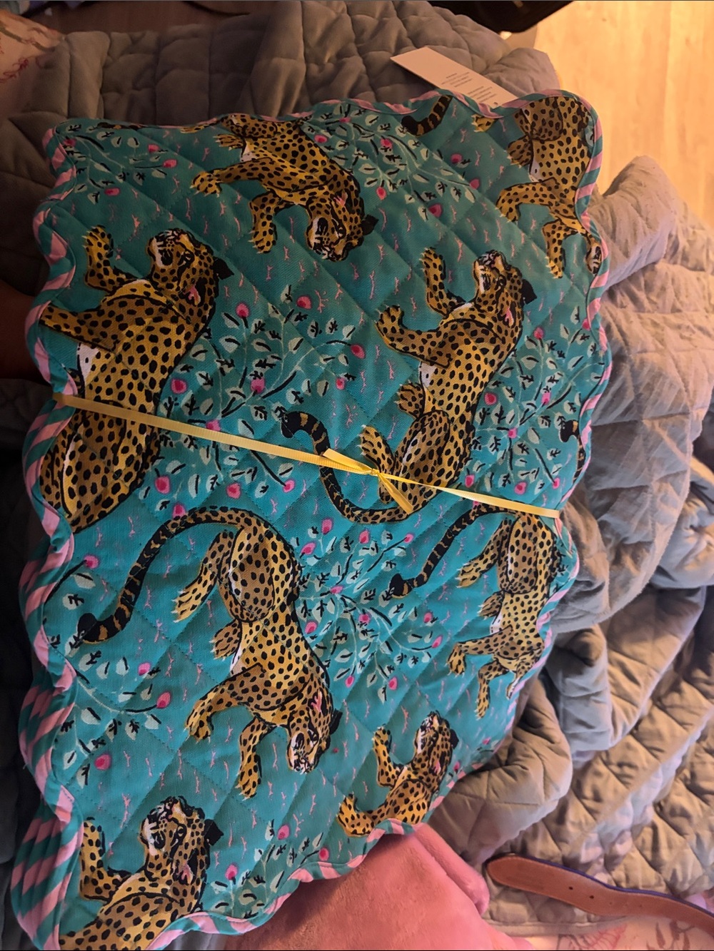 Printfresh Teal Quilted Pillow with Leopard Motif and Pink Trim